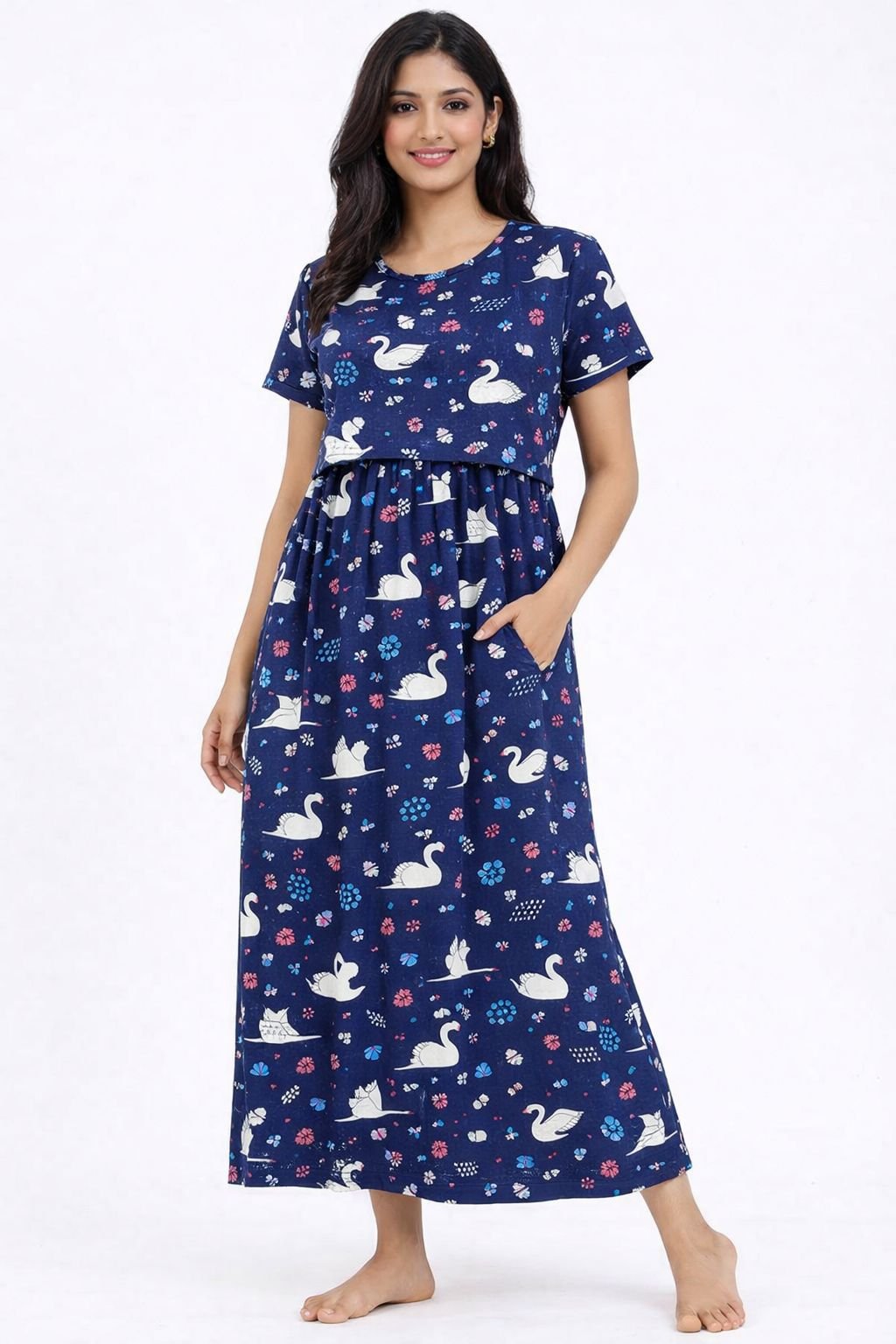 165-175 GsmPremium Quality Pure Knitted Cotton Feeding Lounge Wear Zipless type-Navy Blue Swan